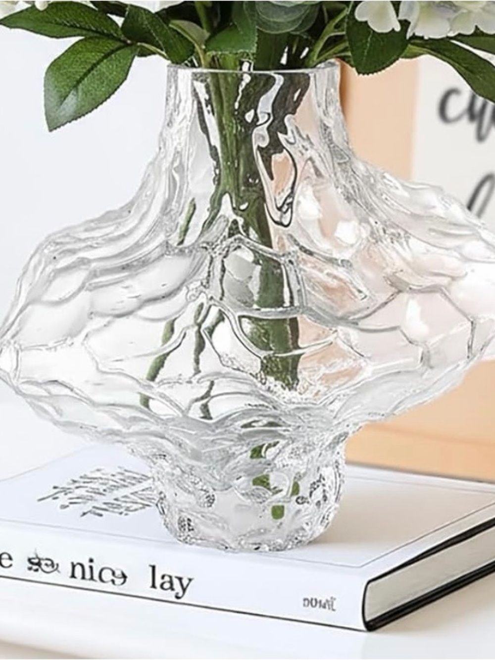Clear Textured Glass Decorative Vase -